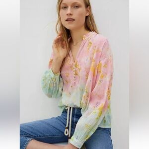 Anthropologie Pink and Green Floral Blouse